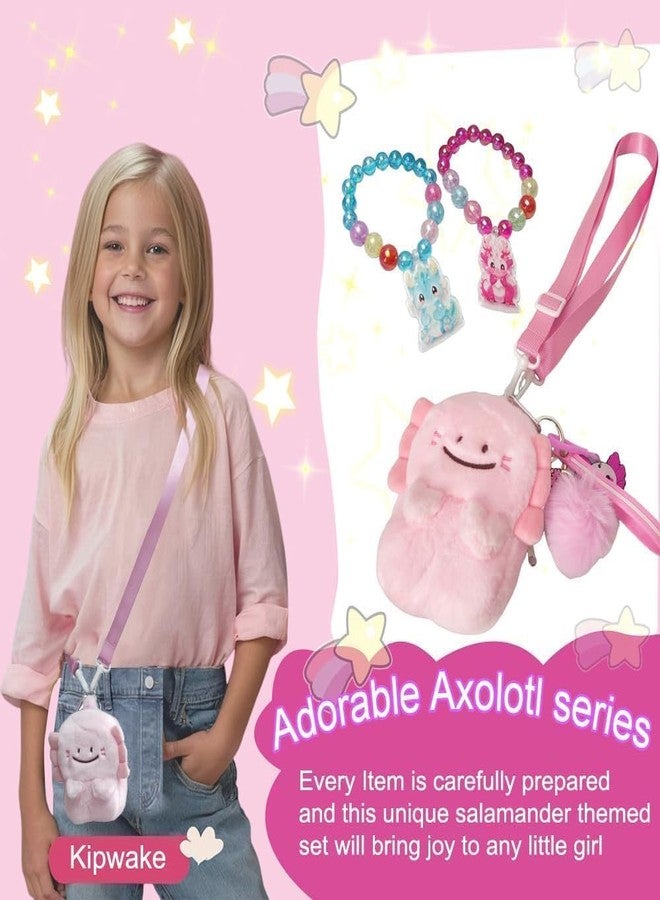 Kipwake Axolotl Gift Set for Girls - Cute Axolotl-Themed Toy Box with Fluffy Diary, Stickers,Pen, Crocheted Stuffed Animal, Pink Purse, Necklace, Keychain, and More Axolotl Stuff - Birthday Gifts for Kids - Image 5